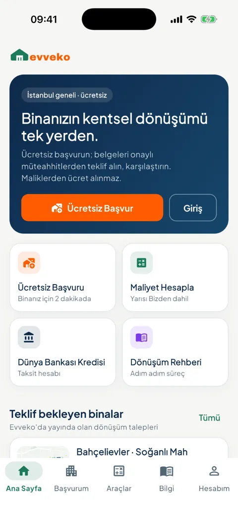 Evveko mobil uygulamasının gerçek ana ekranı