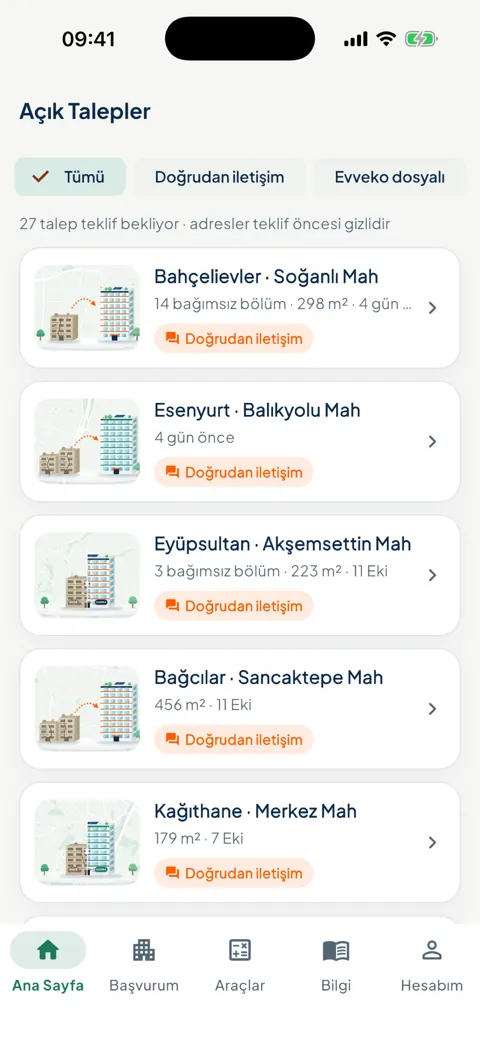 Evveko uygulaması gerçek ekran görüntüsü: Açık talepler