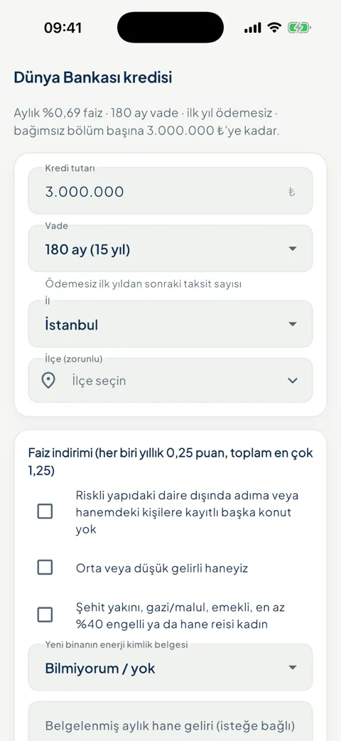 Uygulamadaki Dünya Bankası kredisi hesaplama ekranı