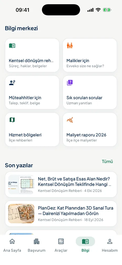 Evveko uygulaması gerçek ekran görüntüsü: Bilgi merkezi